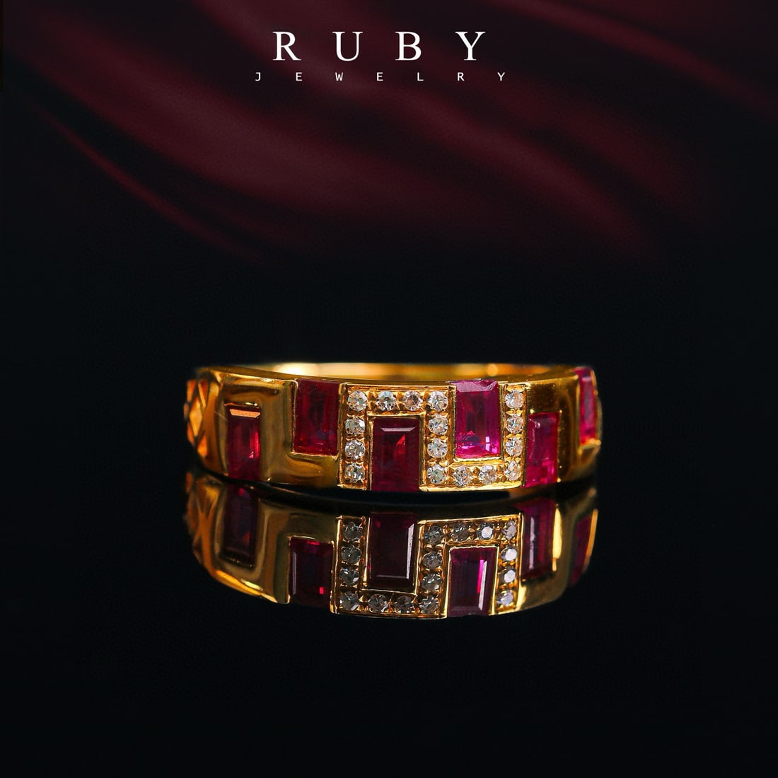 14k Gold 1.3 Ct Natural Ruby & Diamond Ring: Ref:231038240 // gold content:14k gold // ring size:7. 25us // // main gemstone:ruby // shape:rectangle // carat weight:1. 3ct // color:red // treatment:natural // // adjacent gemstone 2 : diamond //