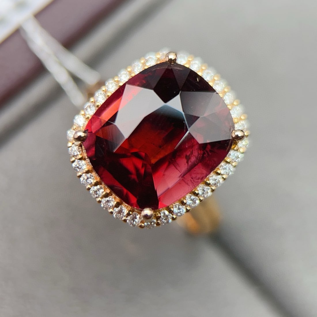 14k Gold 5.7 Ct Natural Tourmaline & Diamond Ring: Ref:231038248 // gold content:14k gold // ring size:7. 25us // // main gemstone:tourmaline // shape:cushion // carat weight:5. 7ct // color:red // treatment:natural // // adjacent gemstone 2 :