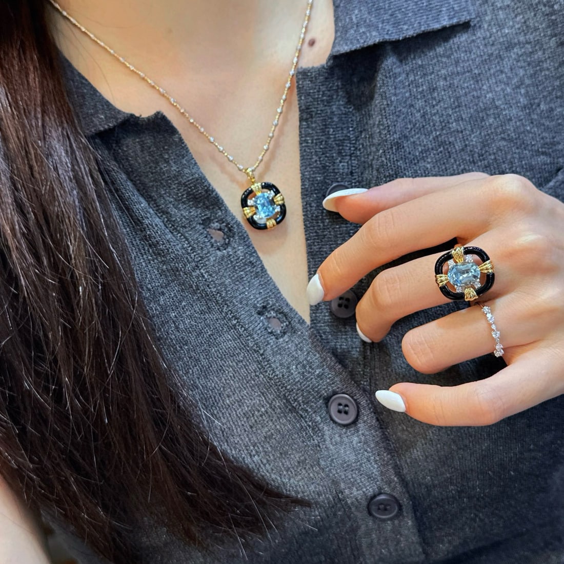 14k Gold 6.88 Ctw Natural Aquamarine & Diamond Jewelry Set - 2