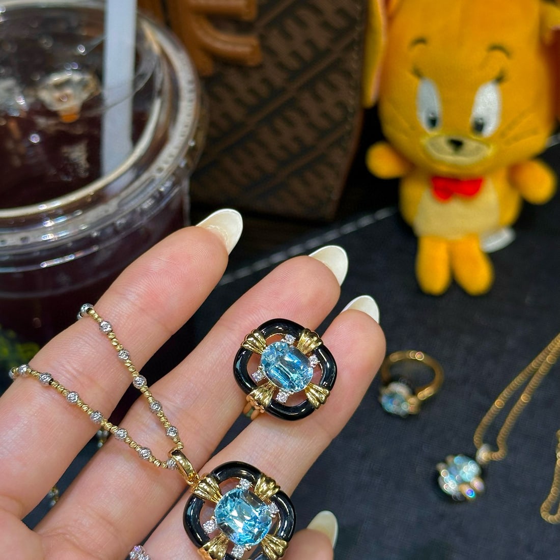 14k Gold 6.88 Ctw Natural Aquamarine & Diamond Jewelry Set - 3