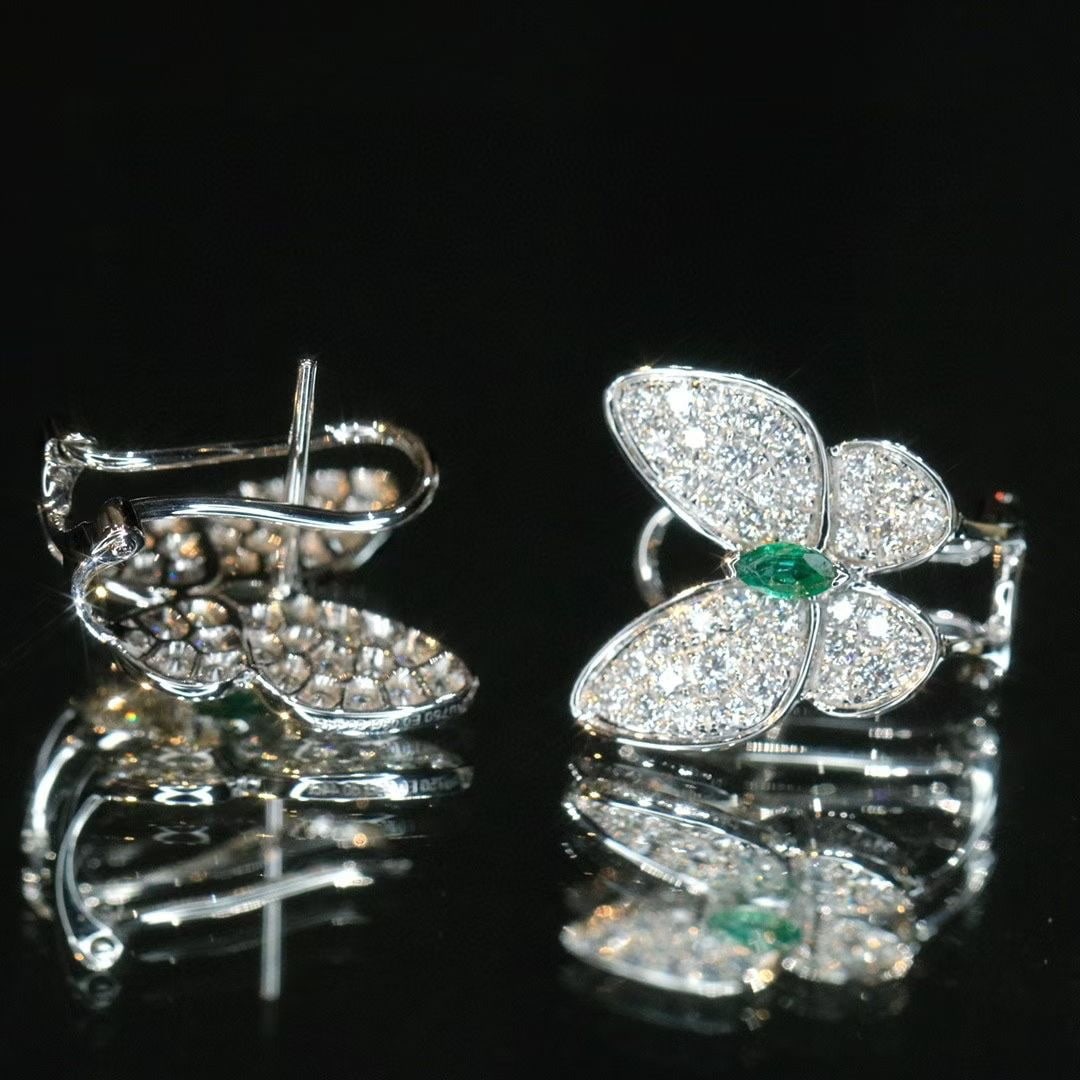 14k Gold 1.06 Ctw Natural Emerald & Diamond & Butterfly Earrings - 3