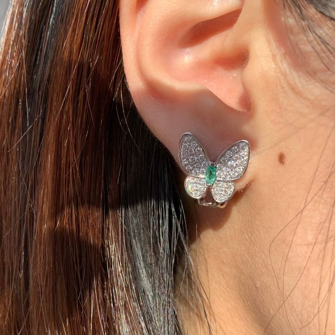 14k Gold 1.06 Ctw Natural Emerald & Diamond & Butterfly Earrings - 6