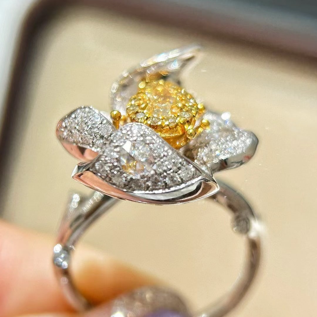 14k Gold 1.58 Ctw Natural Yellow Diamond & Diamond & Flowers Ring - 4