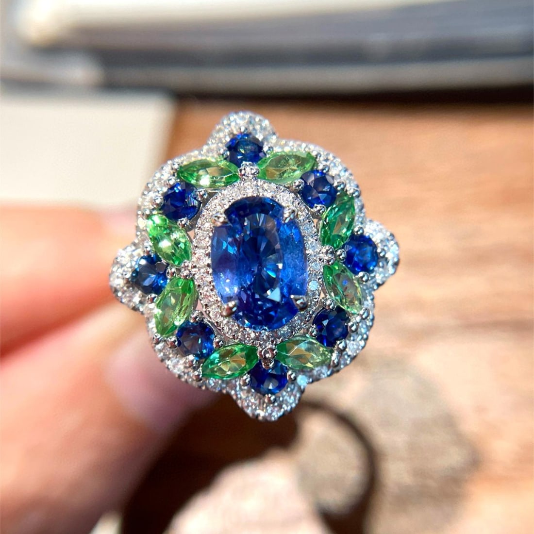 14k Gold 1.05 Ct Natural Sapphire & Diamond & Sapphire & Tsavorite Ring - 2