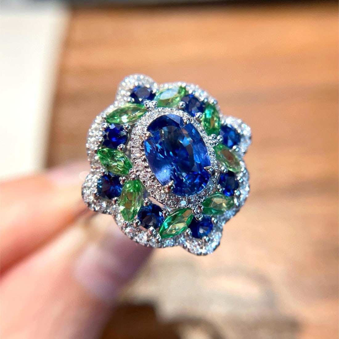 14k Gold 1.05 Ct Natural Sapphire & Diamond & Sapphire & Tsavorite Ring - 3