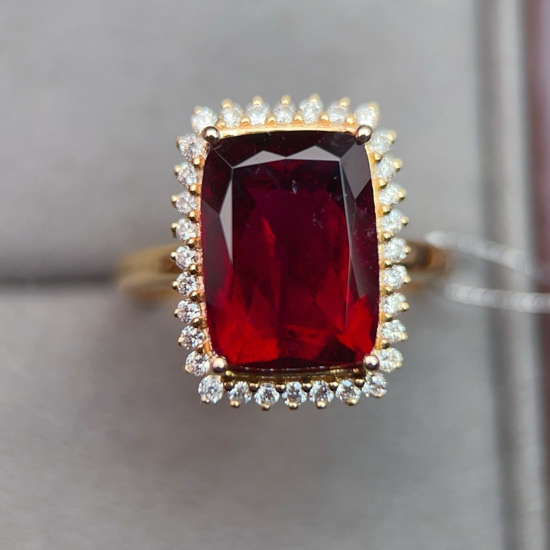 14k Gold 5.97 Ctw Natural Tourmaline & Diamond Ring: Ref:231038291 // gold content:14k gold // ring size:7. 25us // // main gemstone:tourmaline // shape:cushion // carat weight:5. 65ct // color:red // treatment:natural // // adjacent gemstone 2 :