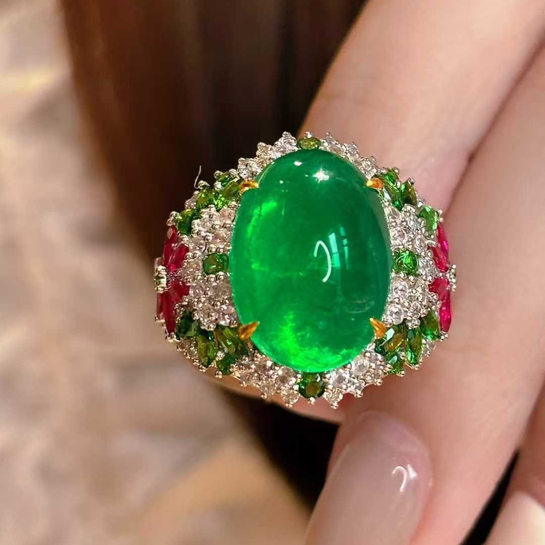14k Gold 9 Ct Vivid Green Natural Emerald & Diamond Ring - 2