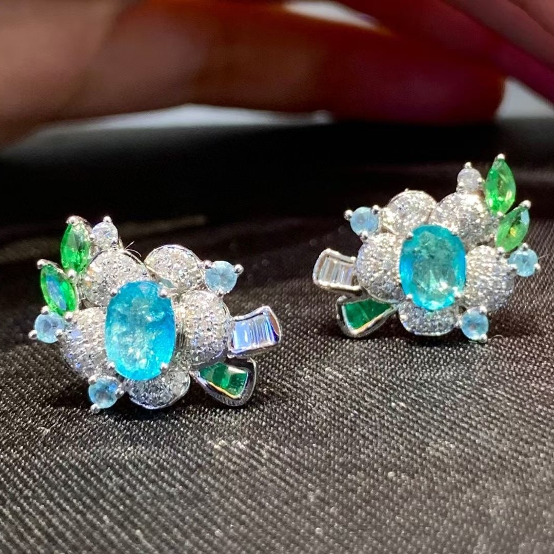 14k Gold 1.1 Ct Natural Paraiba Tourmaline & Diamond Earrings - 2