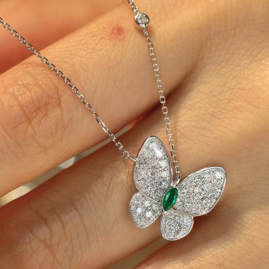 14k Gold 0.58 Ctw Vivid Green Natural Emerald & Diamond & Butterfly Necklace - 6