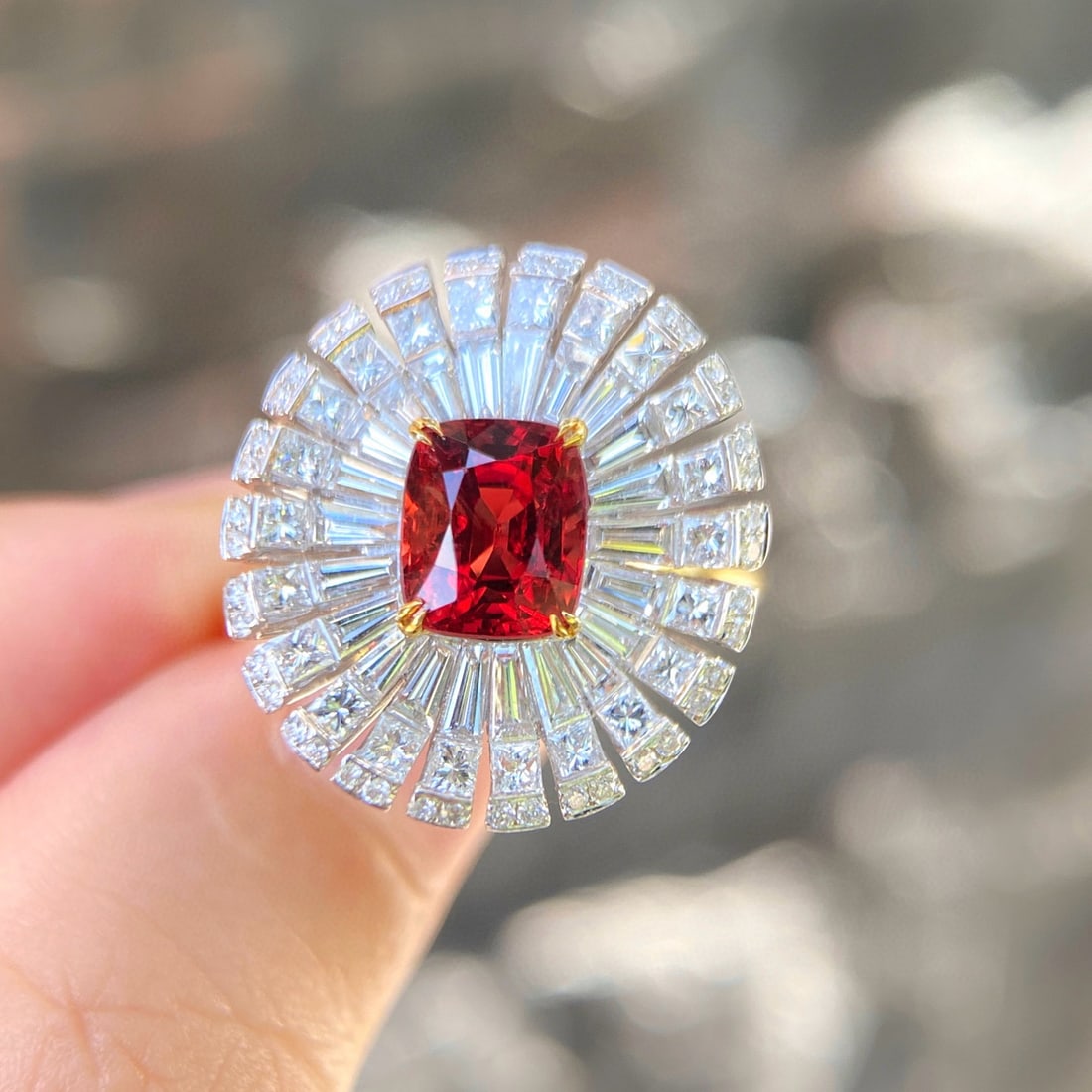 14k Gold 3.58 Ctw Natural Spinel & Diamond Ring: Ref:231038376 // gold content:14k gold // ring size:7. 25us // // main gemstone:spinel // shape:cushion // carat weight:1. 63ct // color:red // treatment:natural // // adjacent gemstone 2 : diamond