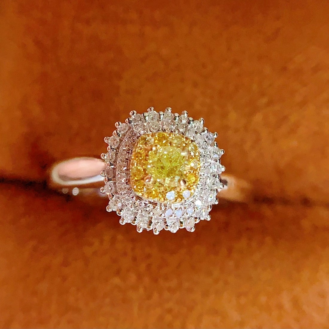 14k Gold 0.28 Ct Natural Yellow Diamond & Diamond Ring: Ref:231038394 // gold content:14k gold // ring size:7. 25us // // main gemstone:yellow diamond // shape:cushion // carat weight:0. 28ct // color:yellow // treatment:natural // // adjacent gemstone 2