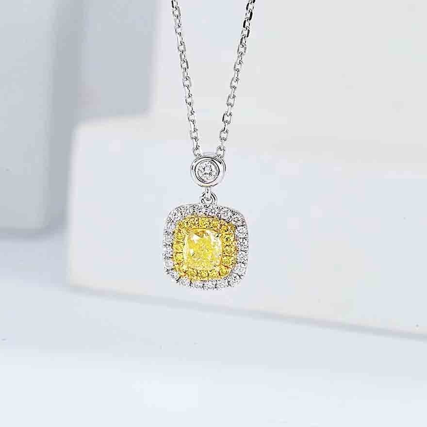14k Gold 0.4 Ct Natural Yellow Diamond & Diamond Necklace: Ref:231038395 // gold content:14k gold // main gemstone:yellow diamond // shape:cushion // carat weight:0. 4ct // color:yellow // treatment:natural // // adjacent gemstone 2 : diamond // shape:round