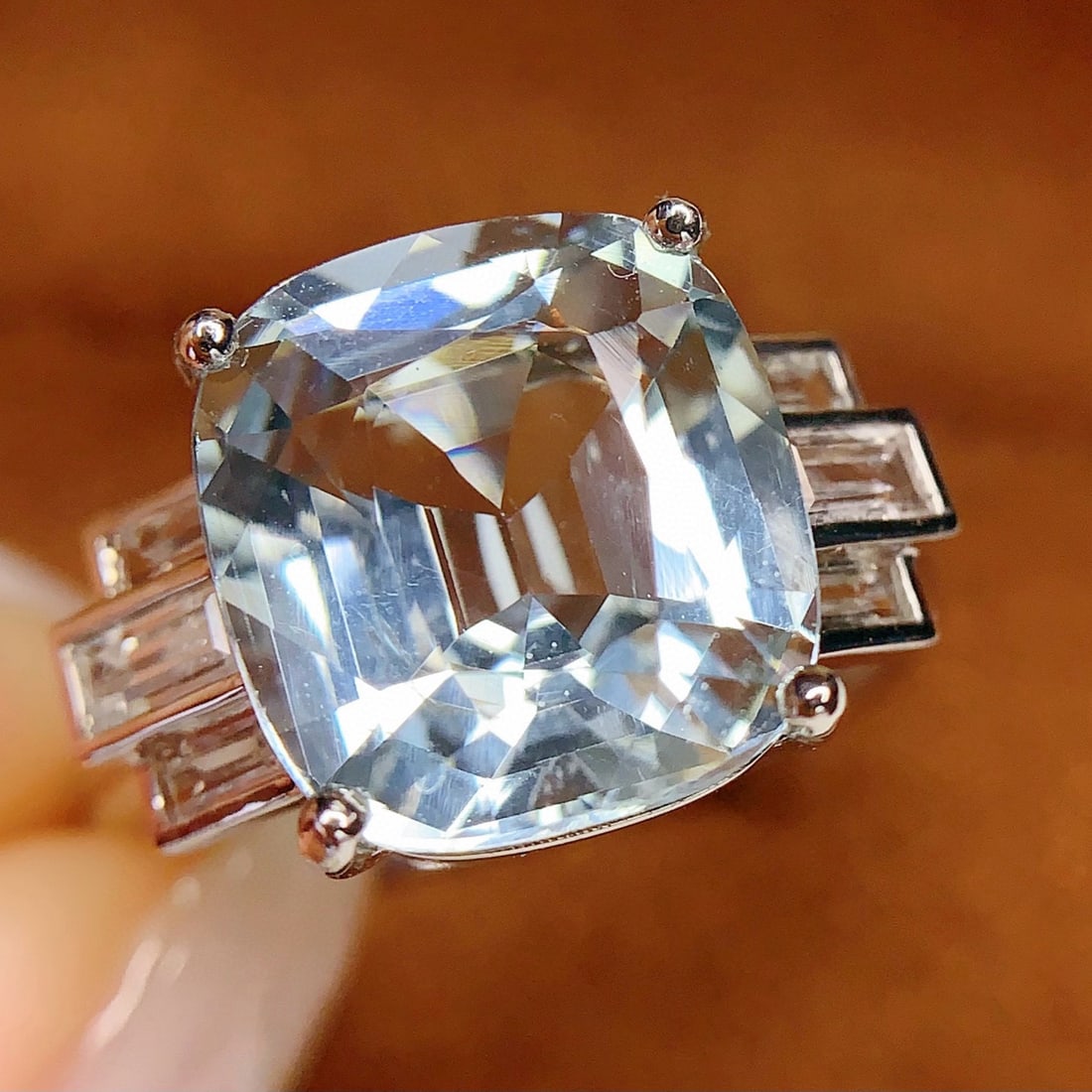 14k Gold 6.5 Ct Natural Aquamarine & Sapphire Ring: Ref:231038404 // gold content:14k gold // ring size:7. 25us // // main gemstone:aquamarine // shape:cushion // carat weight:6. 5ct // color:blue // treatment:natural // // adjacent gemstone 2 :