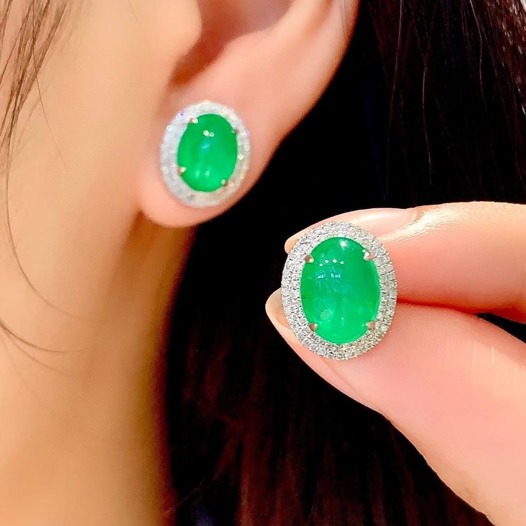 14k Gold 5.6 Ct Vivid Green Natural Emerald & Diamond Earrings - 5