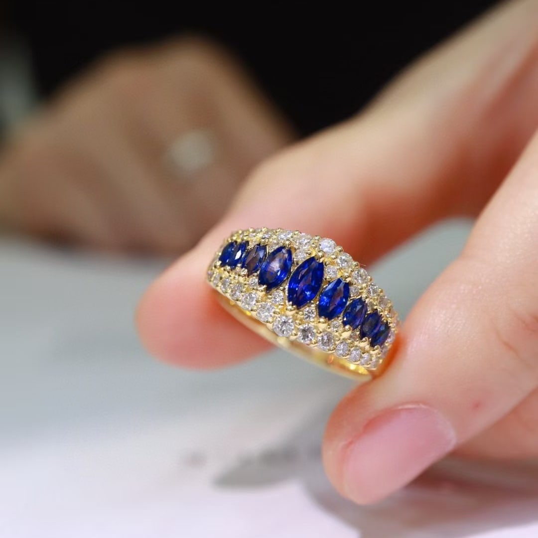 14k Gold 1.4 Ctw Natural Sapphire & Diamond Ring: Ref:231038417 // gold content:14k gold // ring size:7. 25us // // main gemstone:sapphire // shape:marquise // carat weight:0. 9ct // color:royal blue // treatment:natural // // adjacent gemstone 2 :