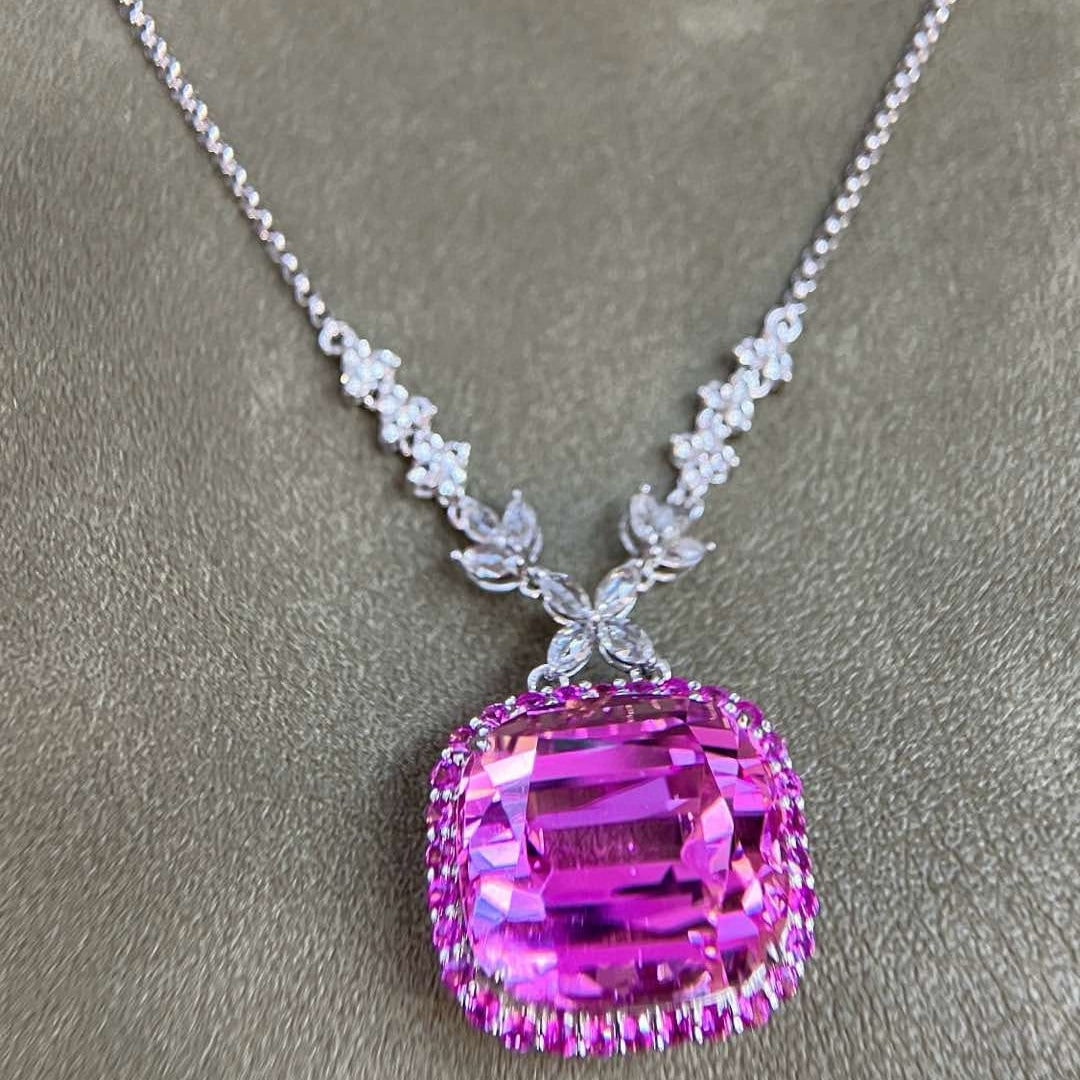 14k Gold 34.84 Ctw Natural Kunzite & Sapphire Necklace - 2