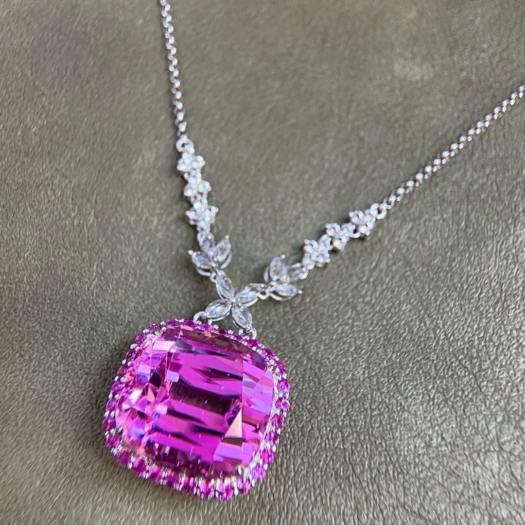 14k Gold 34.84 Ctw Natural Kunzite & Sapphire Necklace - 3