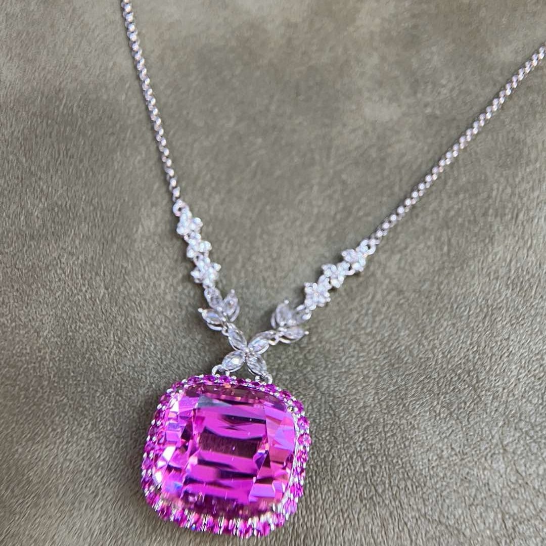 14k Gold 34.84 Ctw Natural Kunzite & Sapphire Necklace - 5