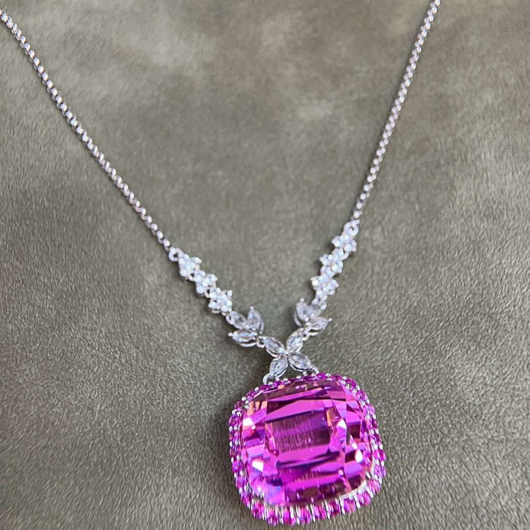 14k Gold 34.84 Ctw Natural Kunzite & Sapphire Necklace - 6