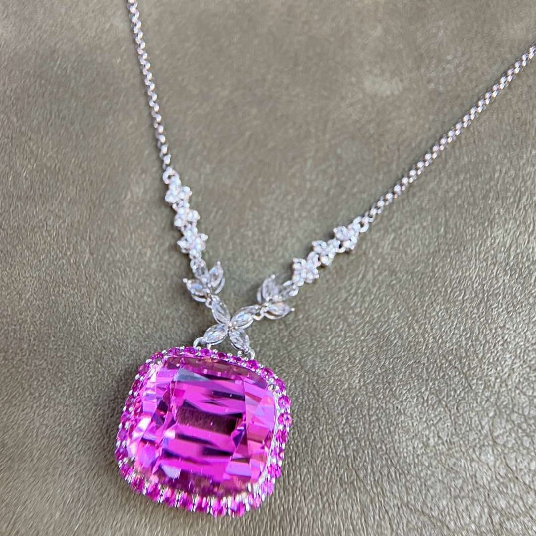 14k Gold 34.84 Ctw Natural Kunzite & Sapphire Necklace - 7