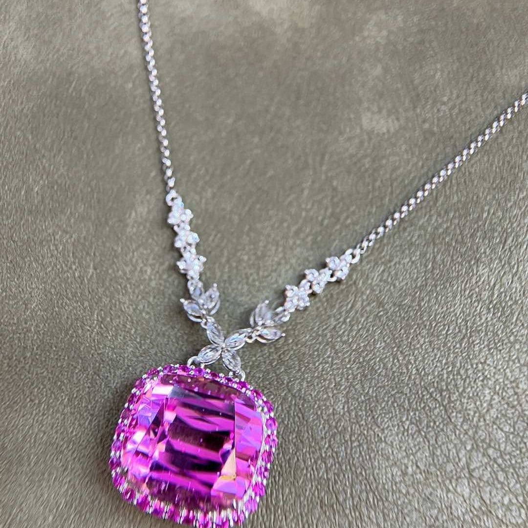 14k Gold 34.84 Ctw Natural Kunzite & Sapphire Necklace - 8