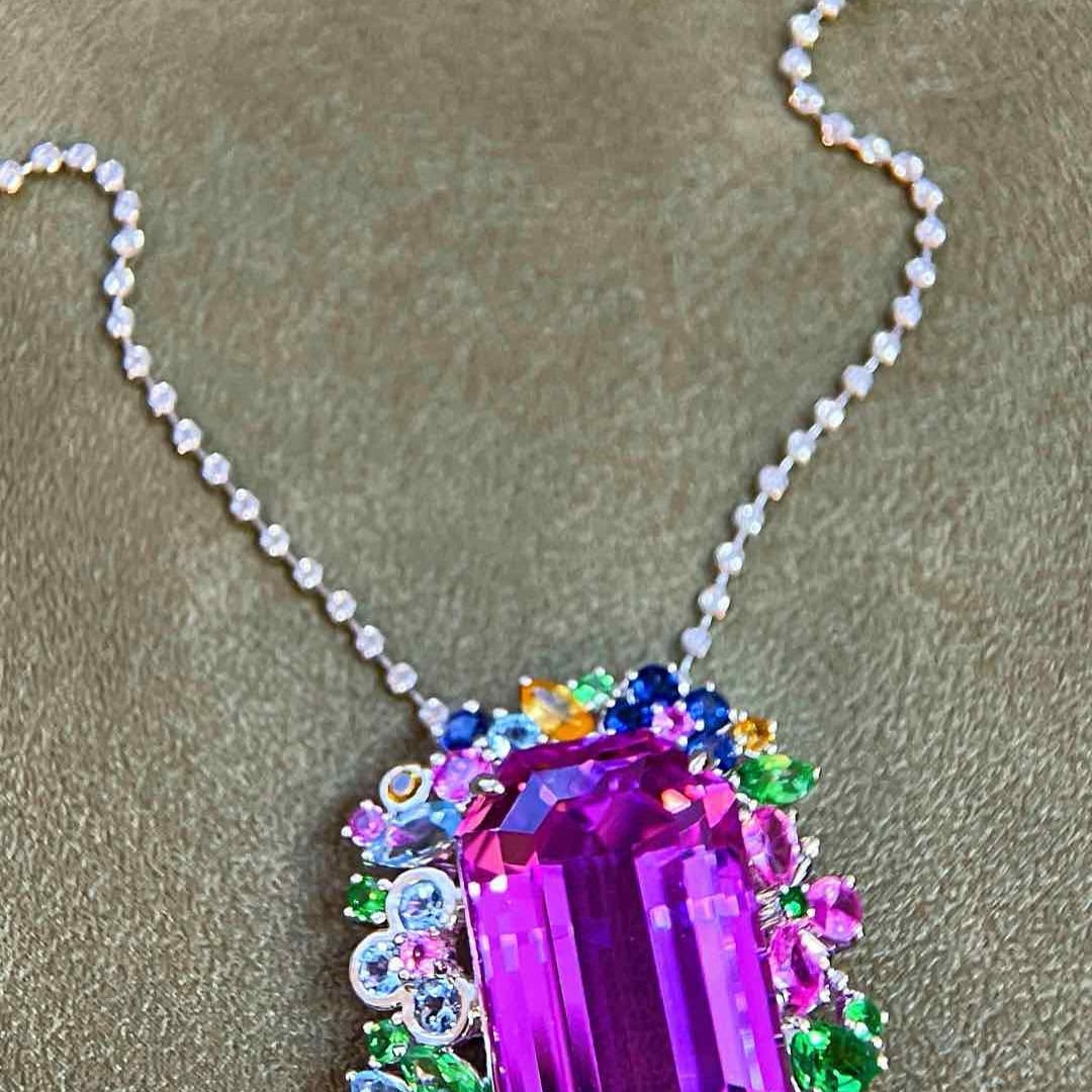14k Gold 34.75 Ctw Natural Kunzite & Sapphire Pendant( Without Chain ) - 2