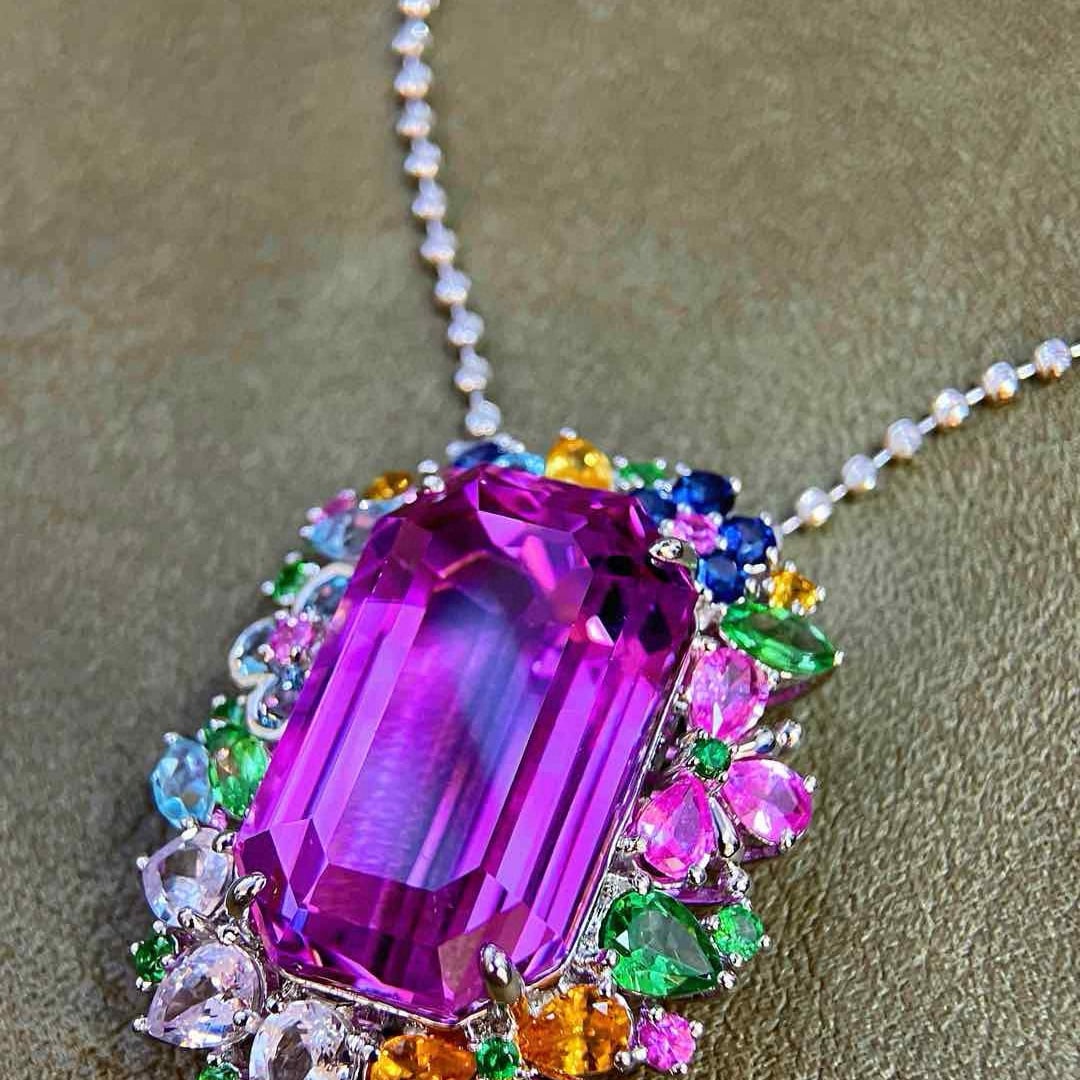 14k Gold 34.75 Ctw Natural Kunzite & Sapphire Pendant( Without Chain ) - 4