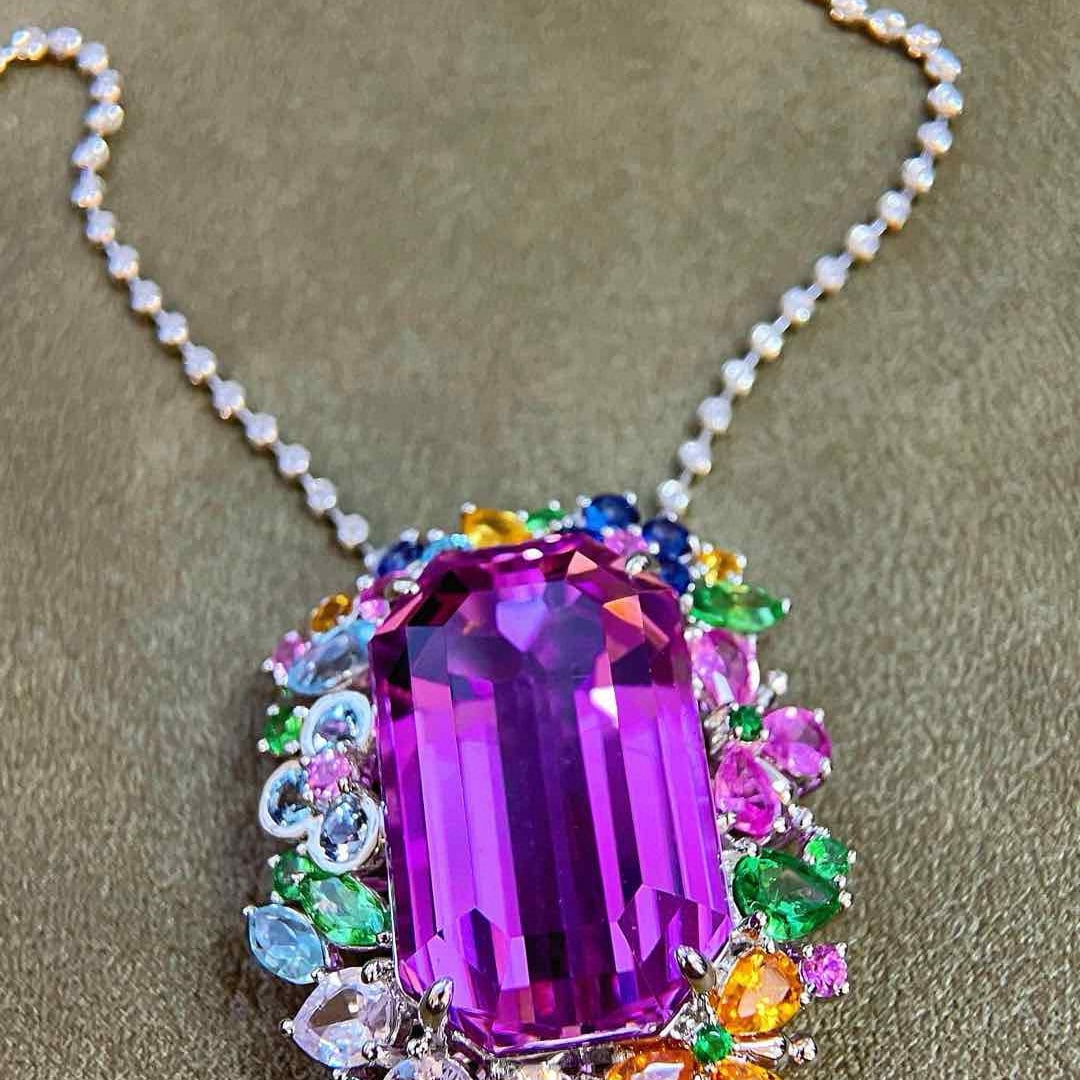 14k Gold 34.75 Ctw Natural Kunzite & Sapphire Pendant( Without Chain ) - 7