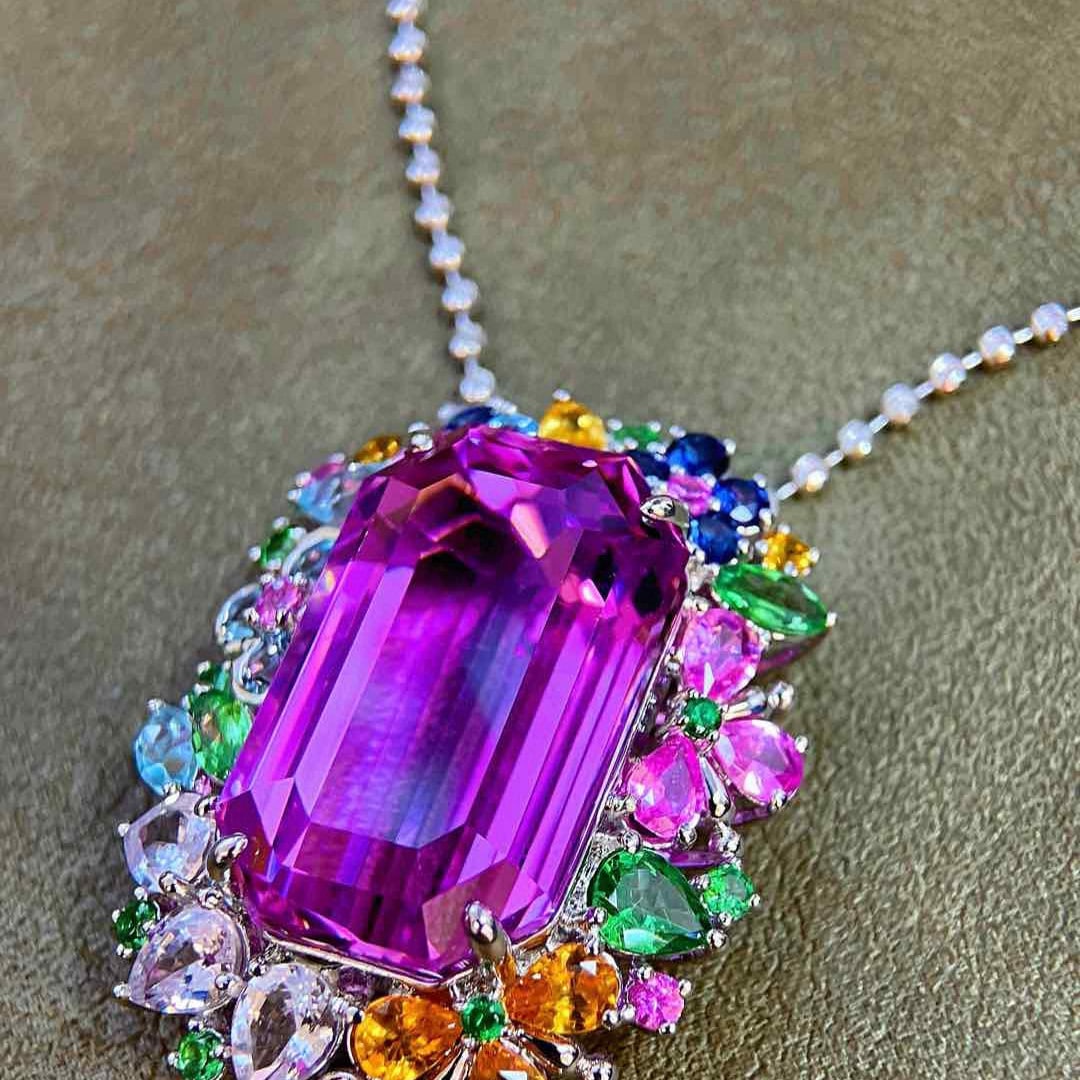 14k Gold 34.75 Ctw Natural Kunzite & Sapphire Pendant( Without Chain ) - 8