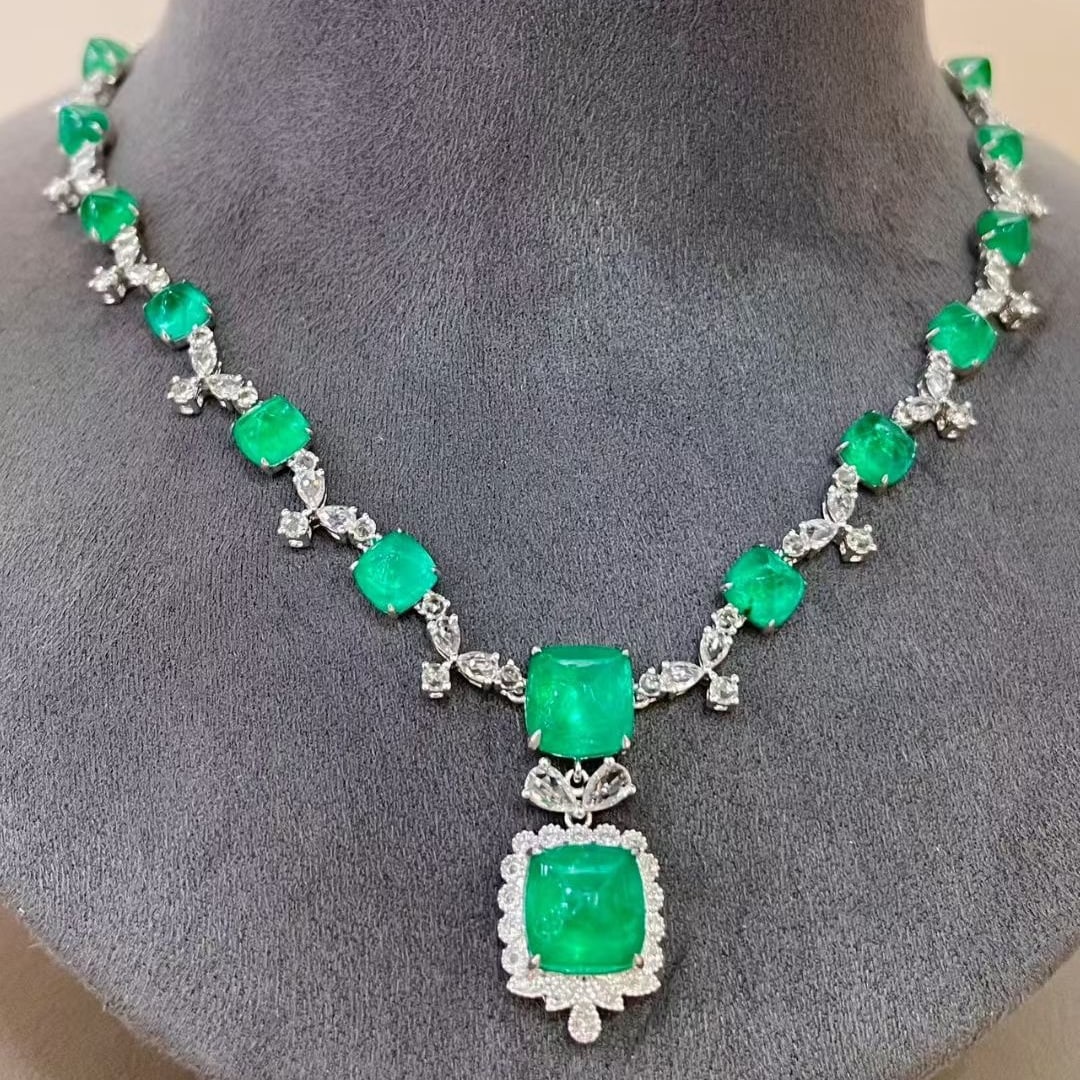 14k Gold 14.5 Ct Natural Emerald & Diamond & Sapphire Necklace - 5