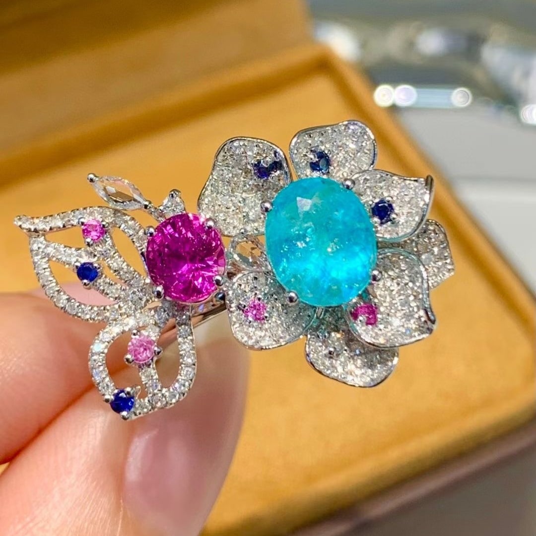 14k Gold 2.5 Ct Natural Paraiba Tourmaline & Sapphire & Diamond & Coloured Gemstone Ring: Ref:231039015 // gold content:14k gold // ring size:7. 25us // // main gemstone:paraiba tourmaline&sapphire // shape:oval // carat weight:2. 5ct // color:neon blue&purple // treatment:natural // //