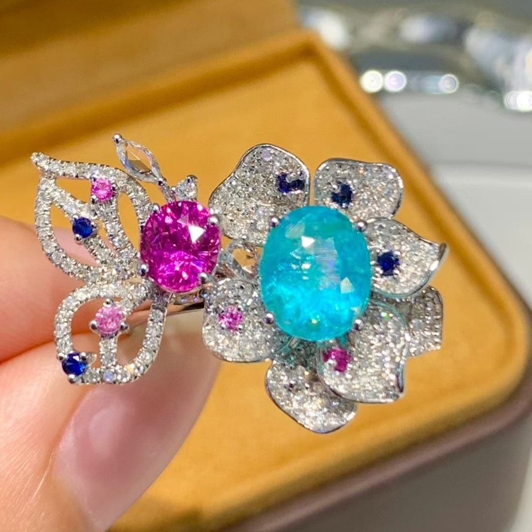 14k Gold 2.5 Ct Natural Paraiba Tourmaline & Sapphire & Diamond & Coloured Gemstone Ring - 2