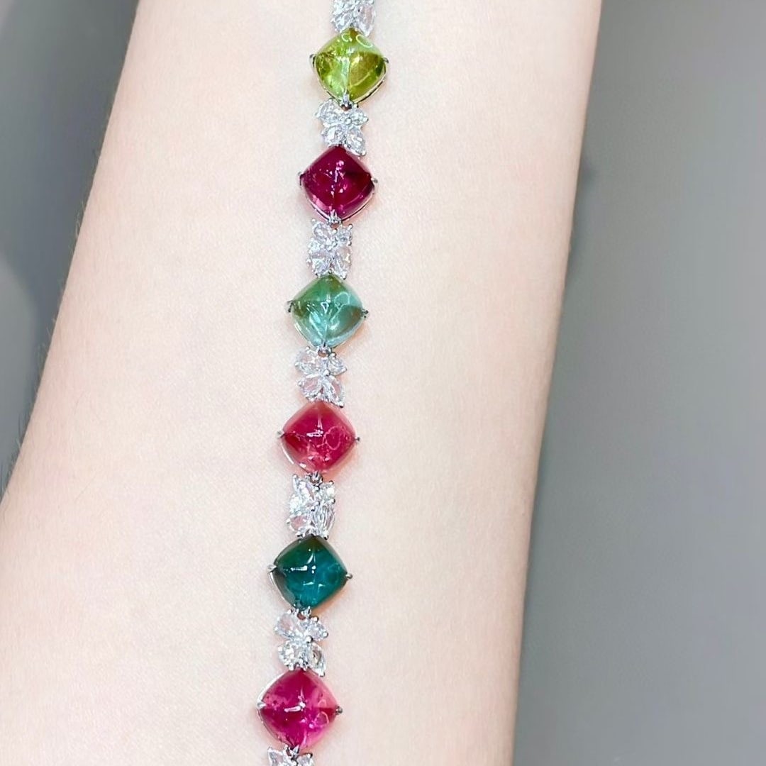 14k Gold 21 Ct Natural Tourmaline & Diamond & Sapphire Bracelet - 6