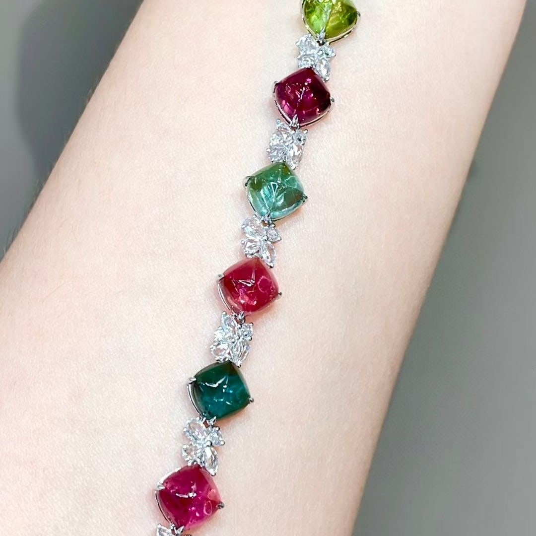14k Gold 21 Ct Natural Tourmaline & Diamond & Sapphire Bracelet - 7