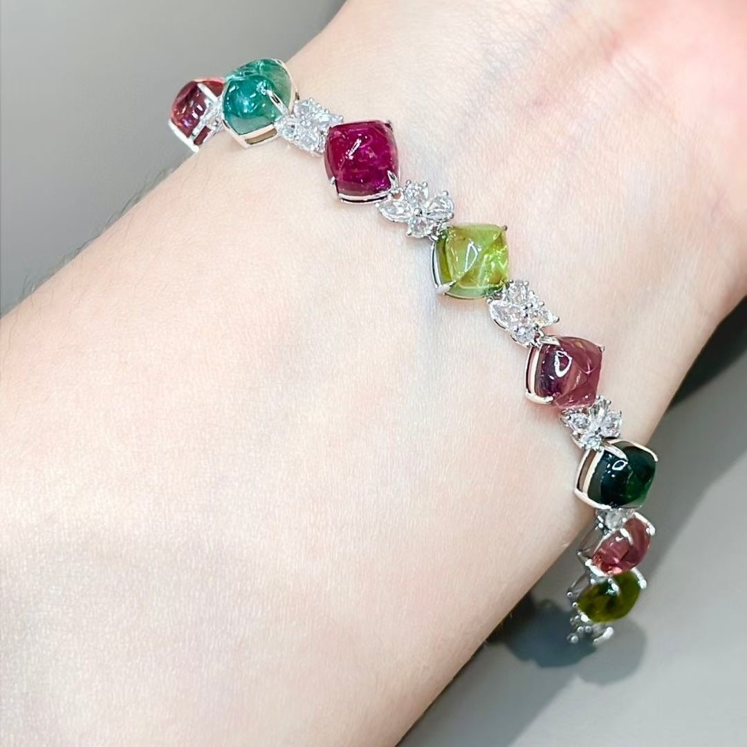 14k Gold 21 Ct Natural Tourmaline & Diamond & Sapphire Bracelet - 8