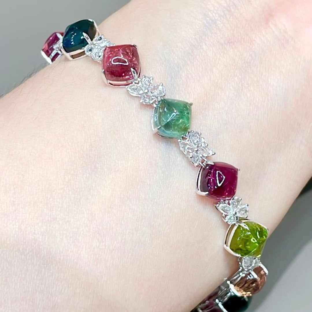 14k Gold 21 Ct Natural Tourmaline & Diamond & Sapphire Bracelet - 9