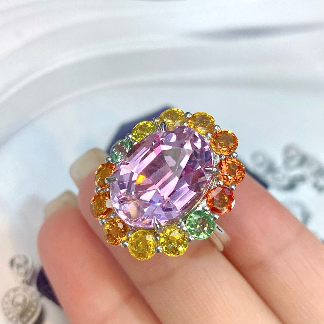 14k Gold 17.53 Ctw Natural Kunzite & Sapphire Ring - 2