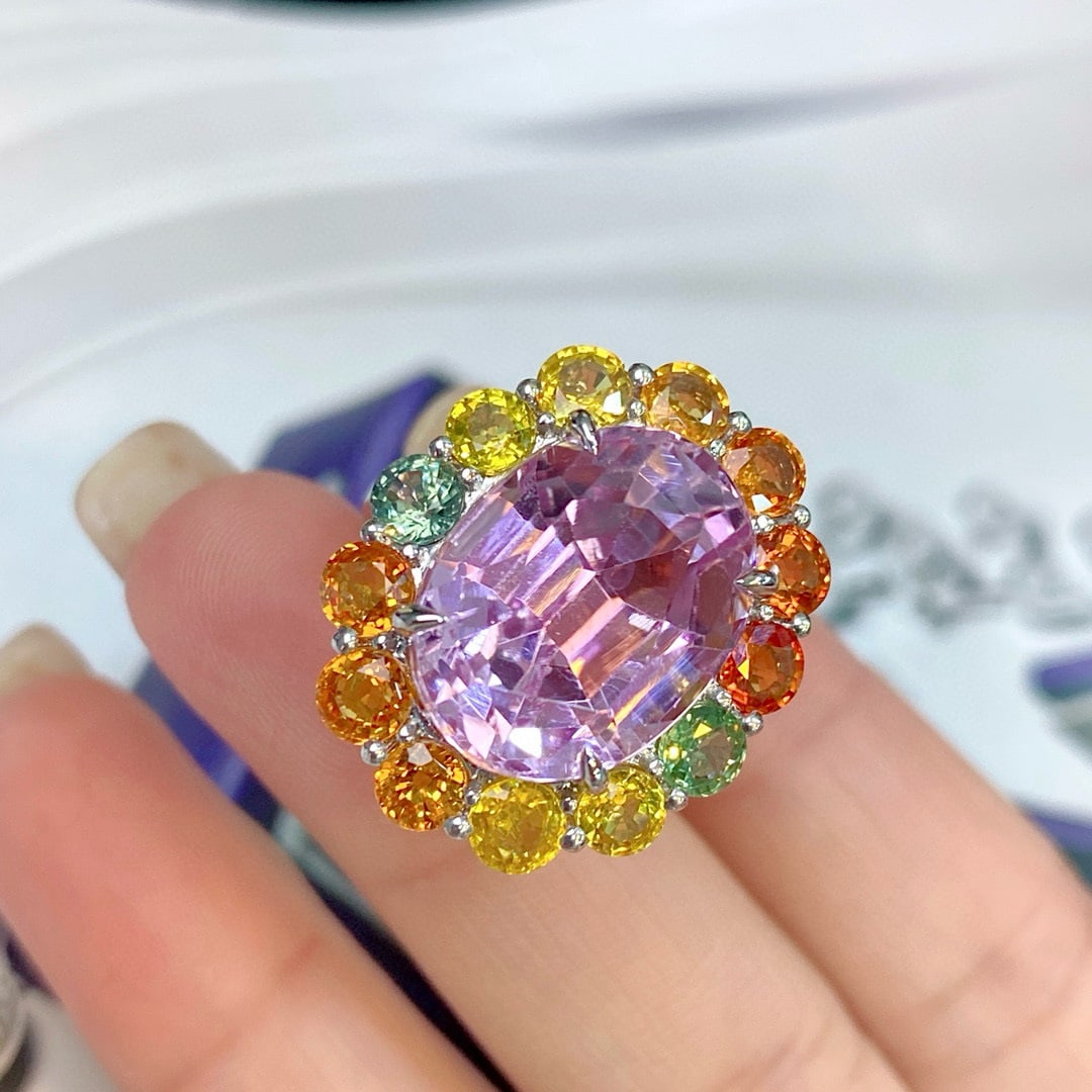14k Gold 17.53 Ctw Natural Kunzite & Sapphire Ring - 3