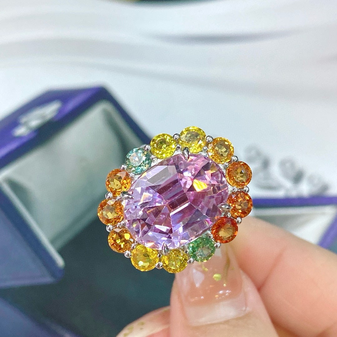 14k Gold 17.53 Ctw Natural Kunzite & Sapphire Ring - 4