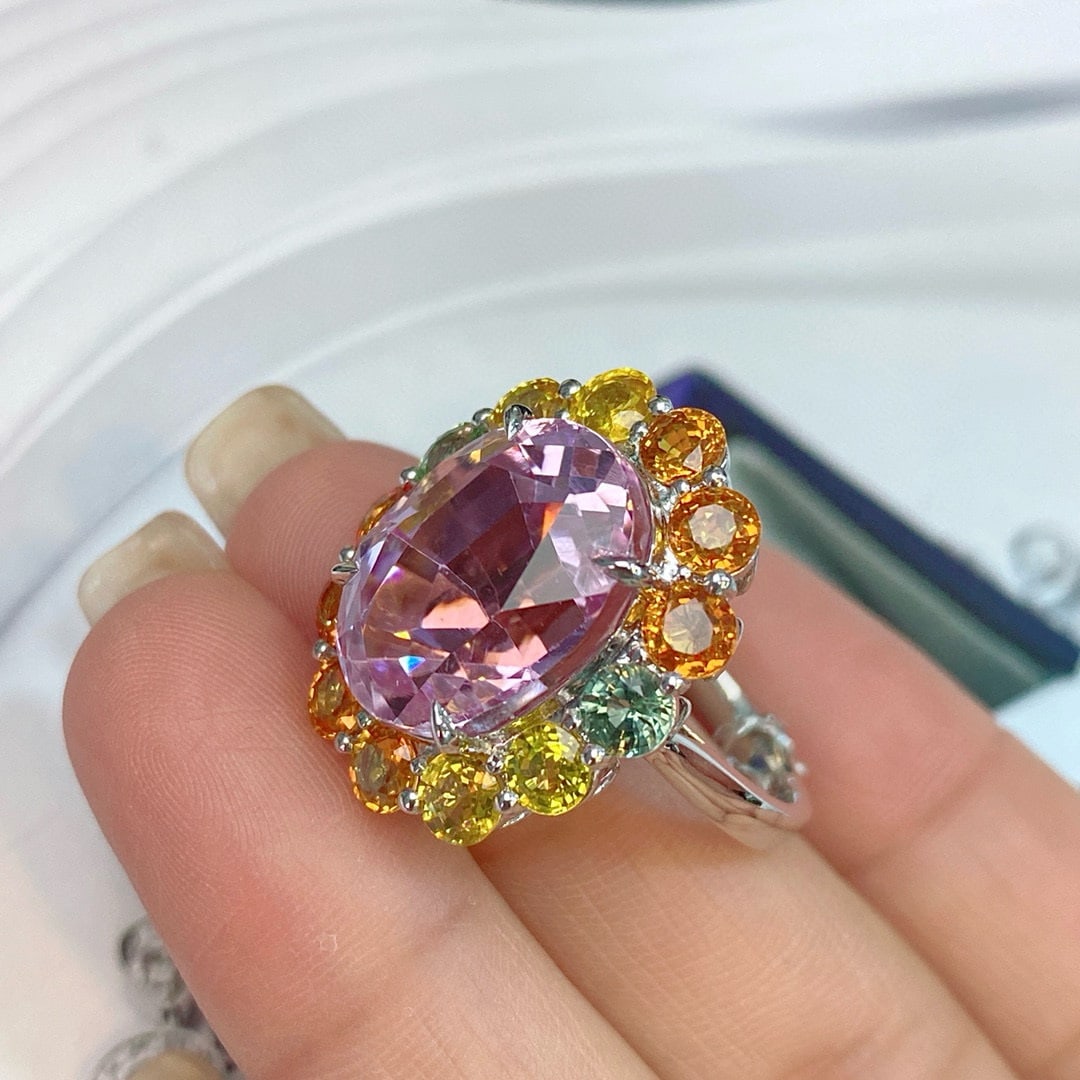 14k Gold 17.53 Ctw Natural Kunzite & Sapphire Ring - 5