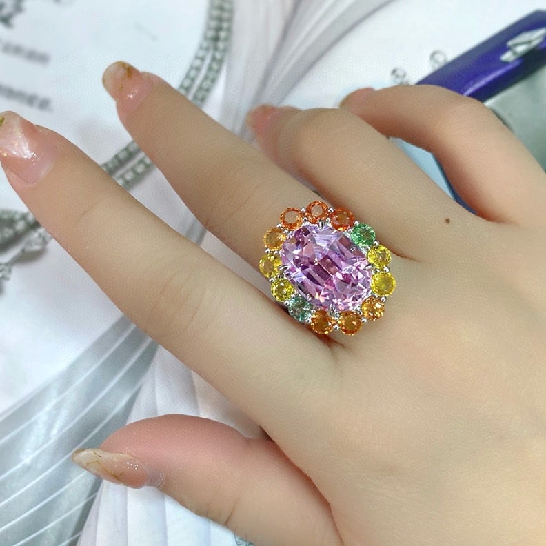 14k Gold 17.53 Ctw Natural Kunzite & Sapphire Ring - 6