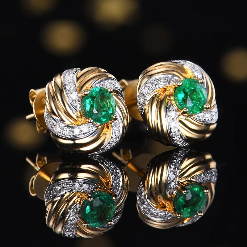14k Gold 0.49 Ct Natural Emerald & Diamond Earrings - 2