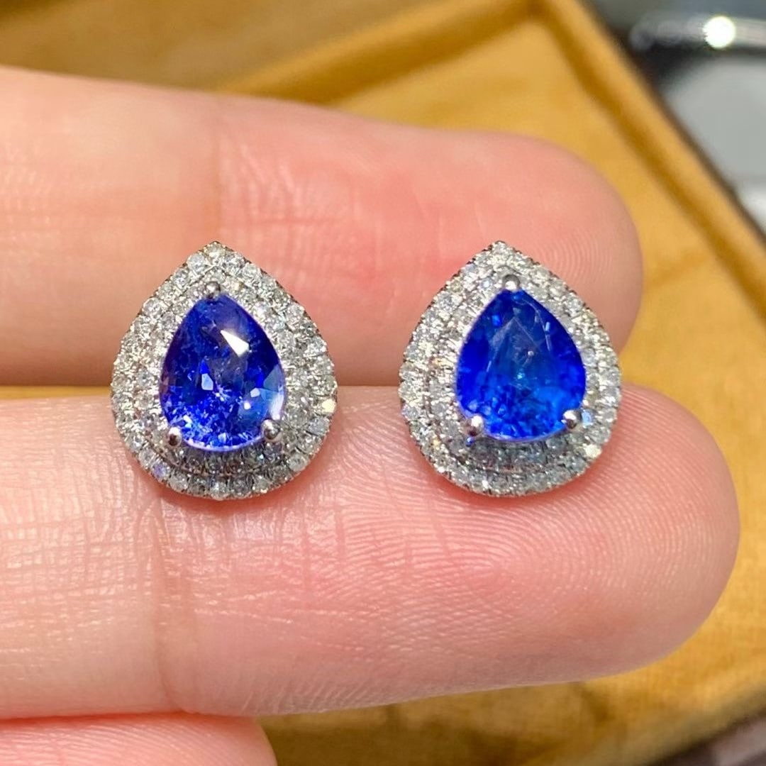 14k Gold 1.9 Ct Natural Sapphire & Diamond Earrings - 2