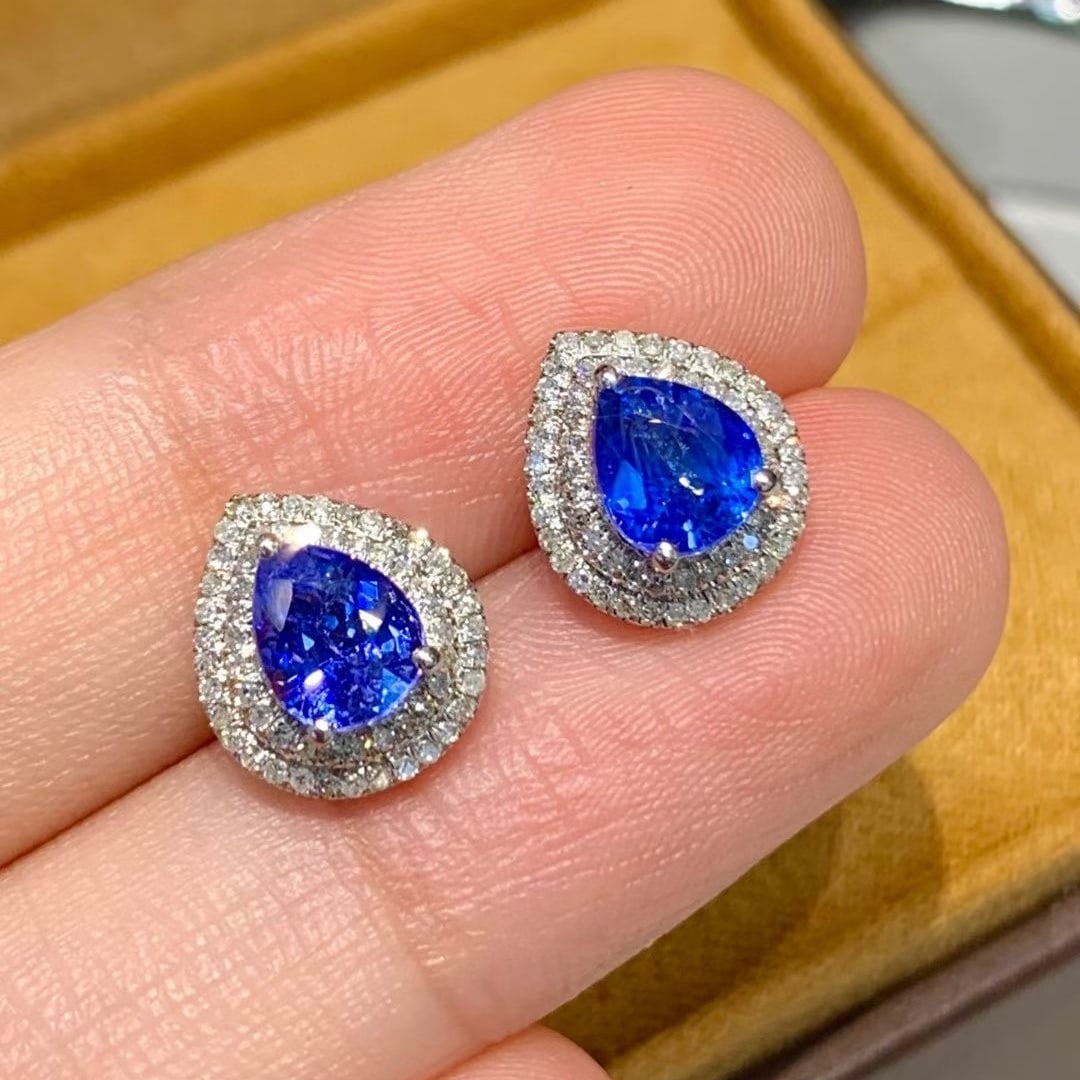 14k Gold 1.9 Ct Natural Sapphire & Diamond Earrings - 4