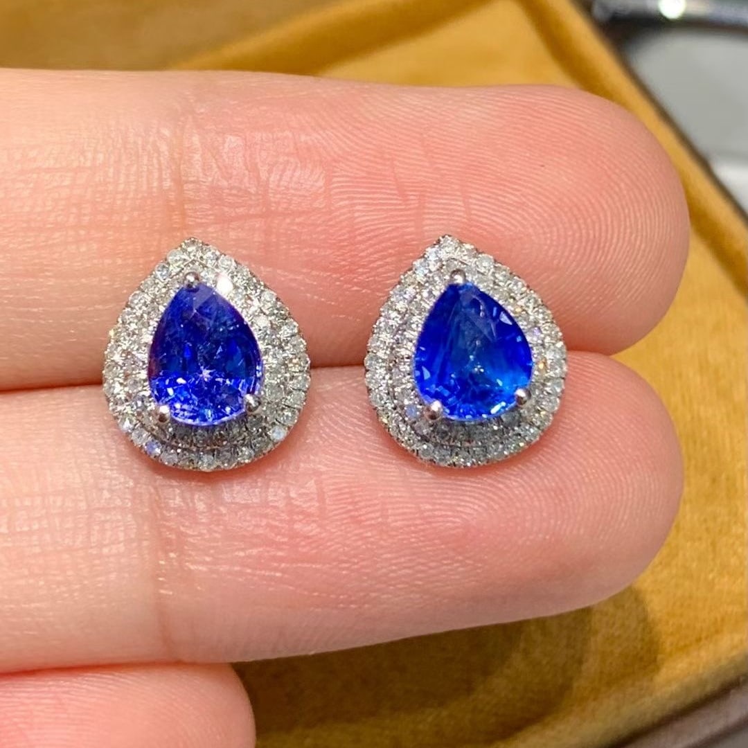 14k Gold 1.9 Ct Natural Sapphire & Diamond Earrings - 5