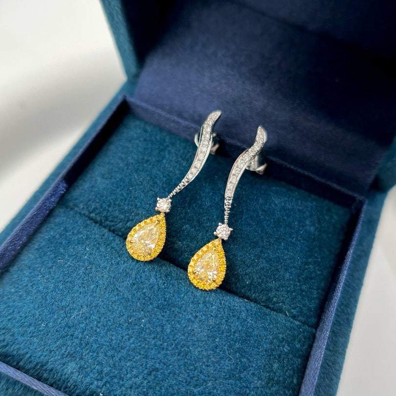 14k Gold 1.00 Ctw Natural Yellow Diamond & Diamond Earrings - 2