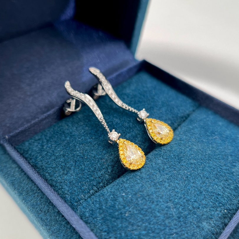 14k Gold 1.00 Ctw Natural Yellow Diamond & Diamond Earrings - 3