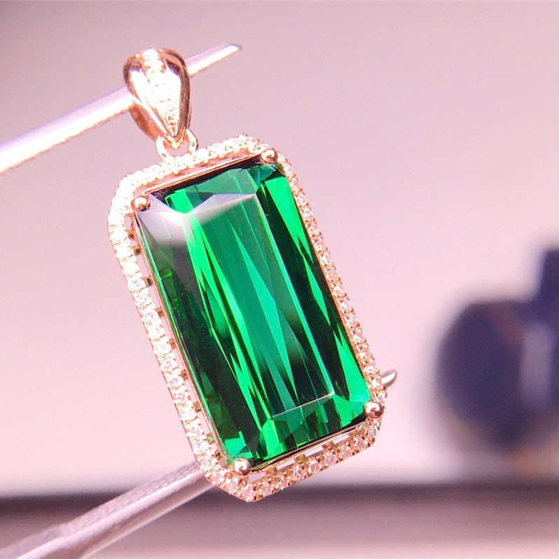 14k Gold 7.81 Ct Natural Tourmaline & Diamond Pendant( Without Chain ) - 2