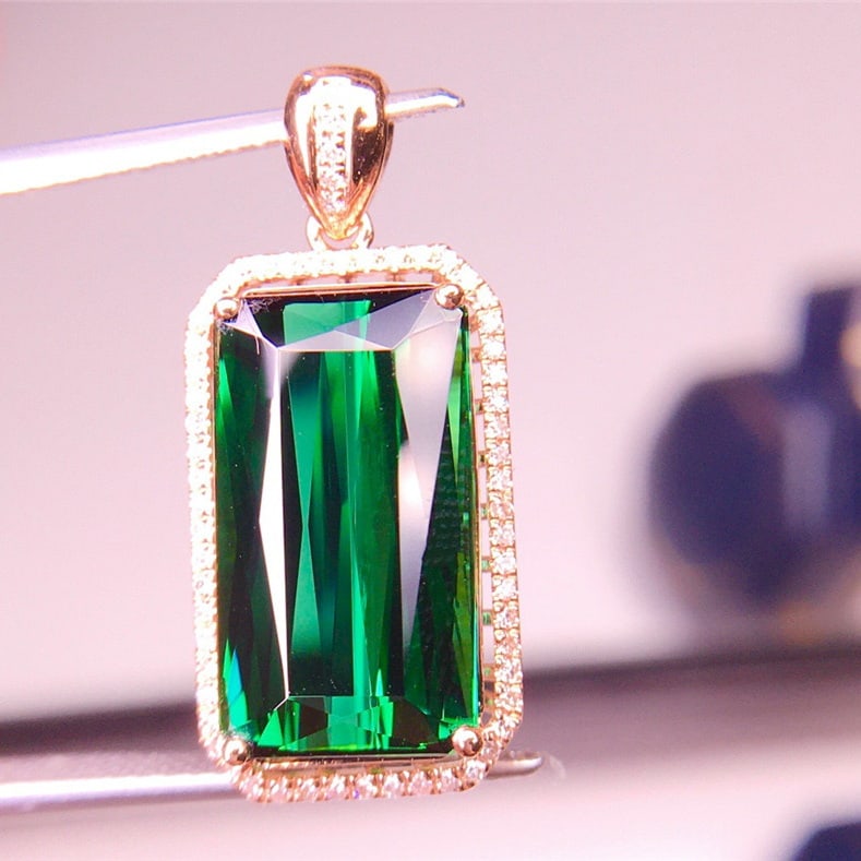 14k Gold 7.81 Ct Natural Tourmaline & Diamond Pendant( Without Chain ) - 3