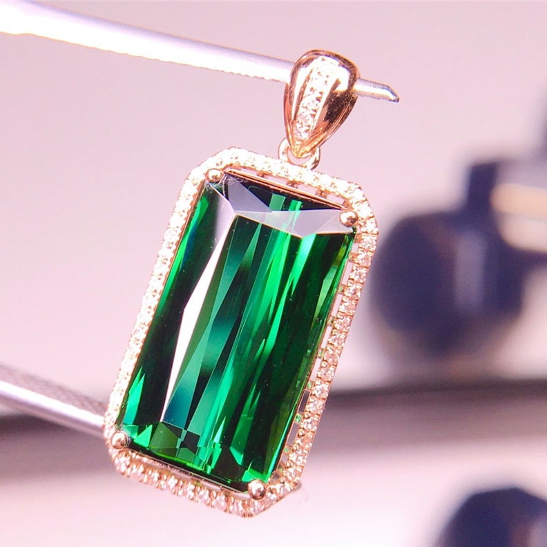 14k Gold 7.81 Ct Natural Tourmaline & Diamond Pendant( Without Chain ) - 4
